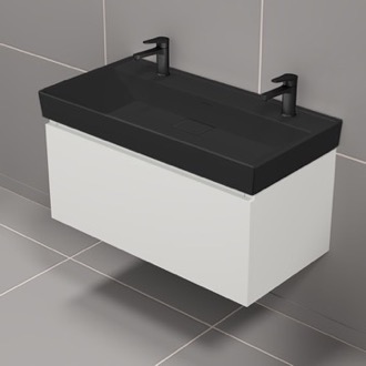 Bathroom Vanity Floating Double Bathroom Vanity, Glossy White, Black Ceramic Sink, 40 Inch Nameeks SHARP35